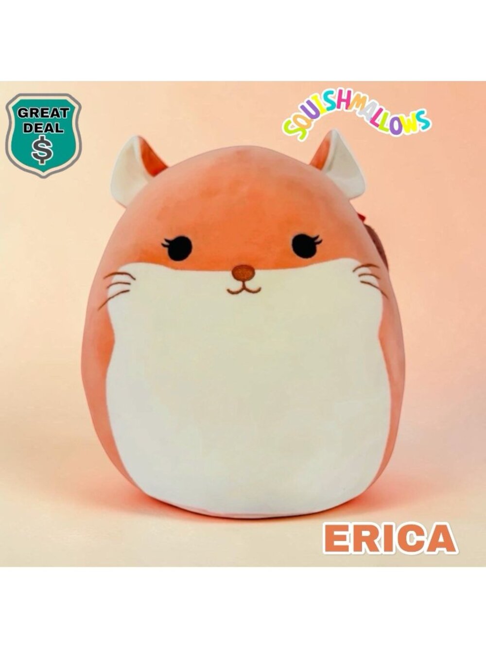 Original Squishmallows Erica The Chinchilla Pink Peach Color Fuzzy Tail 12” NEW!